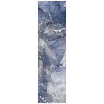 8' Runner Blue and Gray Abstract Washable Non Skid Indoor Outdoor Runner Rug