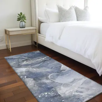8' Runner Blue and Gray Abstract Washable Non Skid Indoor Outdoor Runner Rug