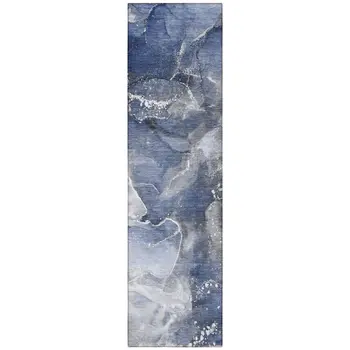 8' Runner Blue and Gray Abstract Washable Non Skid Indoor Outdoor Runner Rug
