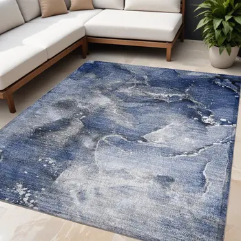 5' X 8' Blue and Gray Abstract Washable Non Skid Indoor Outdoor Area Rug