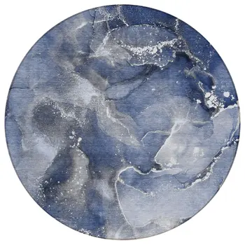 8' Round Blue and Gray Round Abstract Washable Non Skid Indoor Outdoor Area Rug