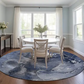 8' Round Blue and Gray Round Abstract Washable Non Skid Indoor Outdoor Area Rug