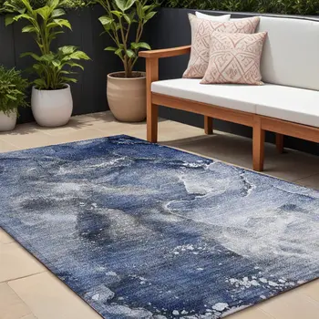 10' X 14' Blue and Gray Abstract Washable Non Skid Indoor Outdoor Area Rug