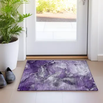 2' X 3' Gray and Purple Abstract Washable Non Skid Indoor Outdoor Area Rug