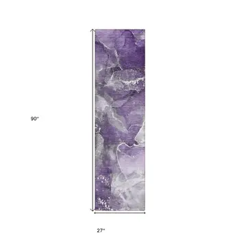 8' Runner Gray and Purple Abstract Washable Non Skid Indoor Outdoor Runner Rug