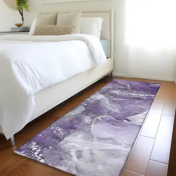 8' Runner Gray and Purple Abstract Washable Non Skid Indoor Outdoor Runner Rug