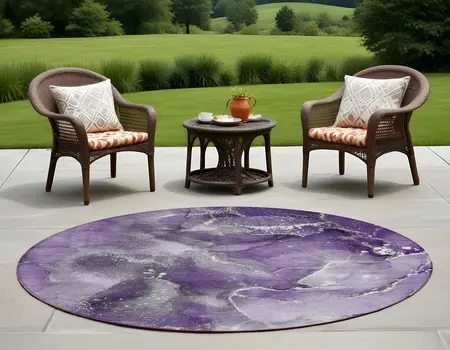 8' Round Gray and Purple Round Abstract Washable Non Skid Indoor Outdoor Area Rug