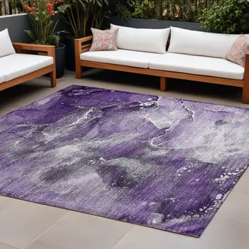 9' X 12' Gray and Purple Abstract Washable Non Skid Indoor Outdoor Area Rug