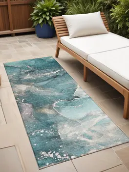 8' Runner Teal Abstract Washable Non Skid Indoor Outdoor Runner Rug
