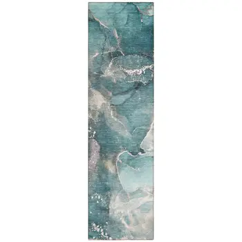 8' Runner Teal Abstract Washable Non Skid Indoor Outdoor Runner Rug