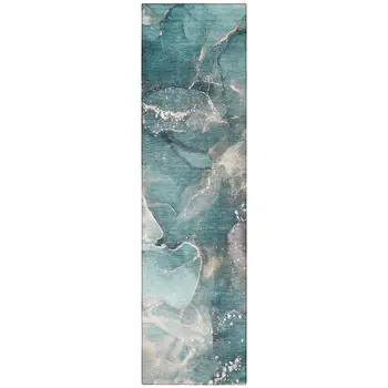 8' Runner Teal Abstract Washable Non Skid Indoor Outdoor Runner Rug