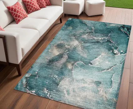 5' X 8' Teal Abstract Washable Non Skid Indoor Outdoor Area Rug