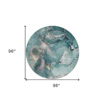 8' Round Teal Round Abstract Washable Non Skid Indoor Outdoor Area Rug