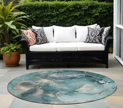 8' Round Teal Round Abstract Washable Non Skid Indoor Outdoor Area Rug