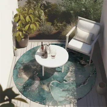 8' Round Teal Round Abstract Washable Non Skid Indoor Outdoor Area Rug
