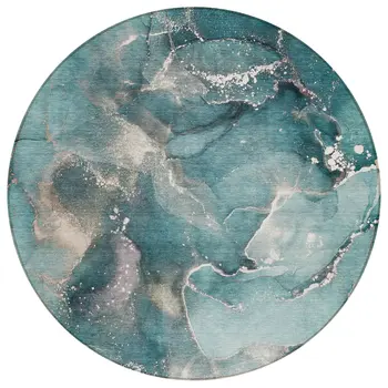 8' Round Teal Round Abstract Washable Non Skid Indoor Outdoor Area Rug