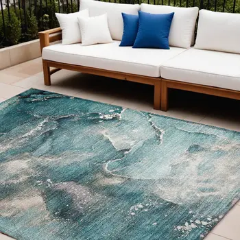 9' X 12' Teal Abstract Washable Non Skid Indoor Outdoor Area Rug