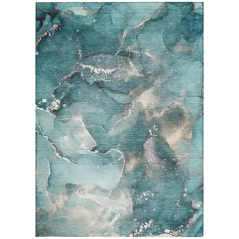 9' X 12' Teal Abstract Washable Non Skid Indoor Outdoor Area Rug