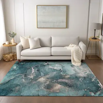 9' X 12' Teal Abstract Washable Non Skid Indoor Outdoor Area Rug
