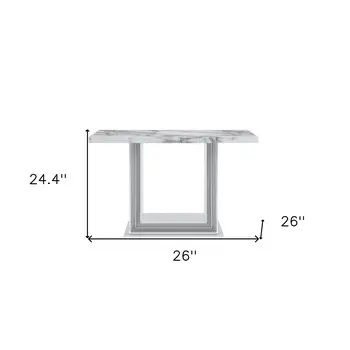 26" White and Silver Faux Marble Frame Console Table