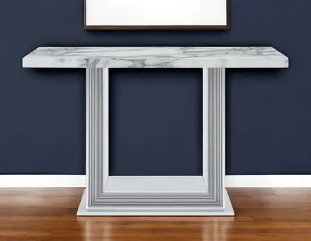 26" White and Silver Faux Marble Frame Console Table