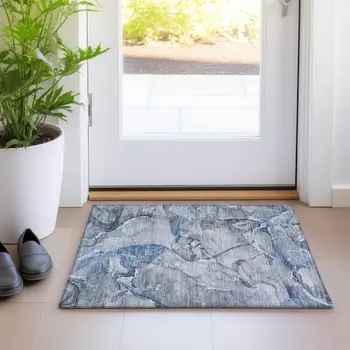 2' X 3' Blue and Gray Abstract Washable Non Skid Indoor Outdoor Area Rug