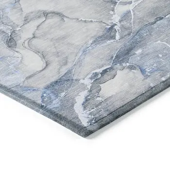 8' Runner Blue and Gray Abstract Washable Non Skid Indoor Outdoor Runner Rug