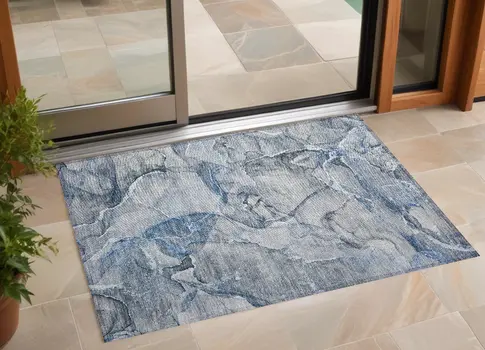 3' X 5' Blue and Gray Abstract Washable Non Skid Indoor Outdoor Area Rug