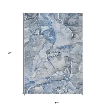 5' X 8' Blue and Gray Abstract Washable Non Skid Indoor Outdoor Area Rug