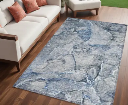 5' X 8' Blue and Gray Abstract Washable Non Skid Indoor Outdoor Area Rug