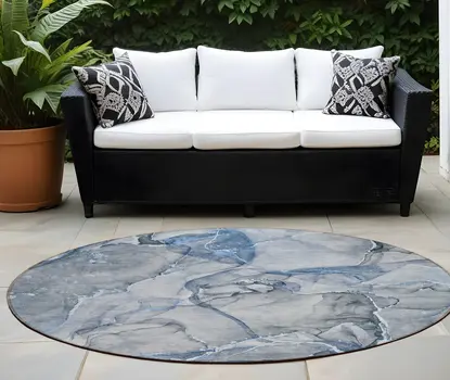 8' Round Blue and Gray Round Abstract Washable Non Skid Indoor Outdoor Area Rug