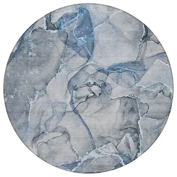 8' Round Blue and Gray Round Abstract Washable Non Skid Indoor Outdoor Area Rug