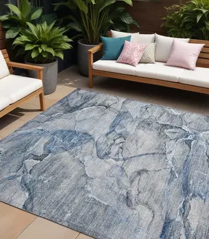 9' X 12' Blue and Gray Abstract Washable Non Skid Indoor Outdoor Area Rug
