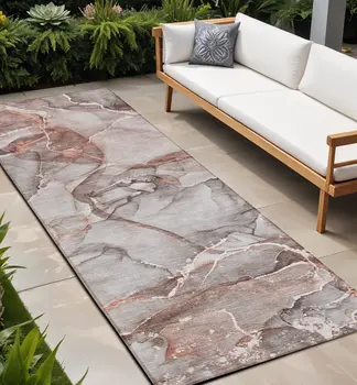 8' Runner Gray and Red Abstract Washable Non Skid Indoor Outdoor Runner Rug