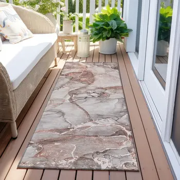8' Runner Gray and Red Abstract Washable Non Skid Indoor Outdoor Runner Rug
