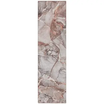 8' Runner Gray and Red Abstract Washable Non Skid Indoor Outdoor Runner Rug