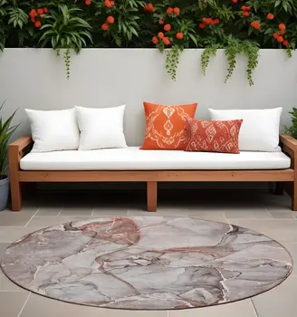 8' Round Gray and Red Round Abstract Washable Non Skid Indoor Outdoor Area Rug