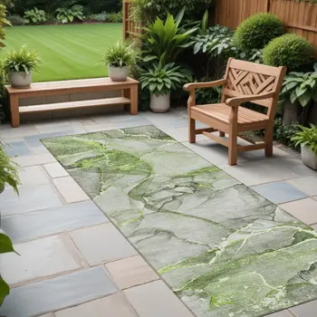 8' Runner Green Abstract Washable Non Skid Indoor Outdoor Runner Rug