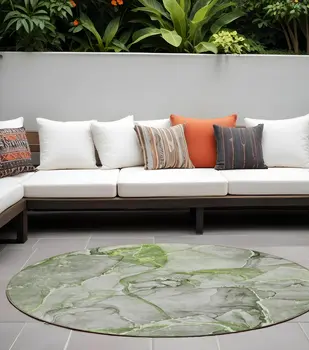 8' Round Green Round Abstract Washable Non Skid Indoor Outdoor Area Rug