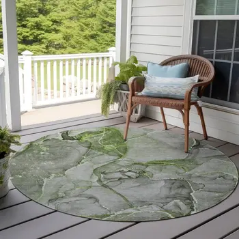 8' Round Green Round Abstract Washable Non Skid Indoor Outdoor Area Rug