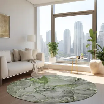 8' Round Green Round Abstract Washable Non Skid Indoor Outdoor Area Rug
