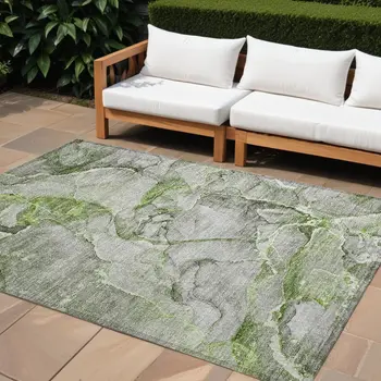 9' X 12' Green Abstract Washable Non Skid Indoor Outdoor Area Rug