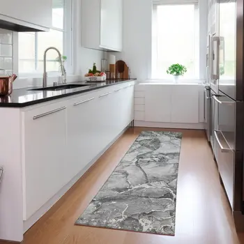 8' Runner Gray and Ivory Abstract Washable Non Skid Indoor Outdoor Runner Rug