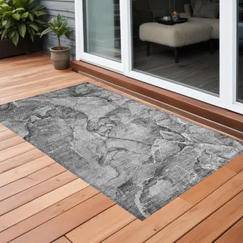 3' X 5' Gray and Ivory Abstract Washable Non Skid Indoor Outdoor Area Rug