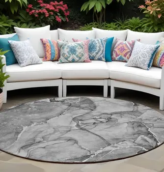 8' Round Gray and Ivory Round Abstract Washable Non Skid Indoor Outdoor Area Rug
