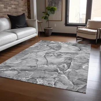 9' X 12' Gray and Ivory Abstract Washable Non Skid Indoor Outdoor Area Rug
