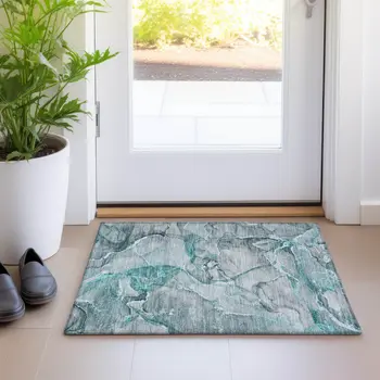 2' X 3' Gray and Ivory Abstract Washable Non Skid Indoor Outdoor Area Rug