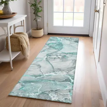8' Runner Gray and Ivory Abstract Washable Non Skid Indoor Outdoor Runner Rug