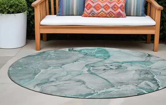 8' Round Gray and Ivory Round Abstract Washable Non Skid Indoor Outdoor Area Rug