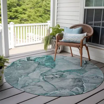 8' Round Gray and Ivory Round Abstract Washable Non Skid Indoor Outdoor Area Rug